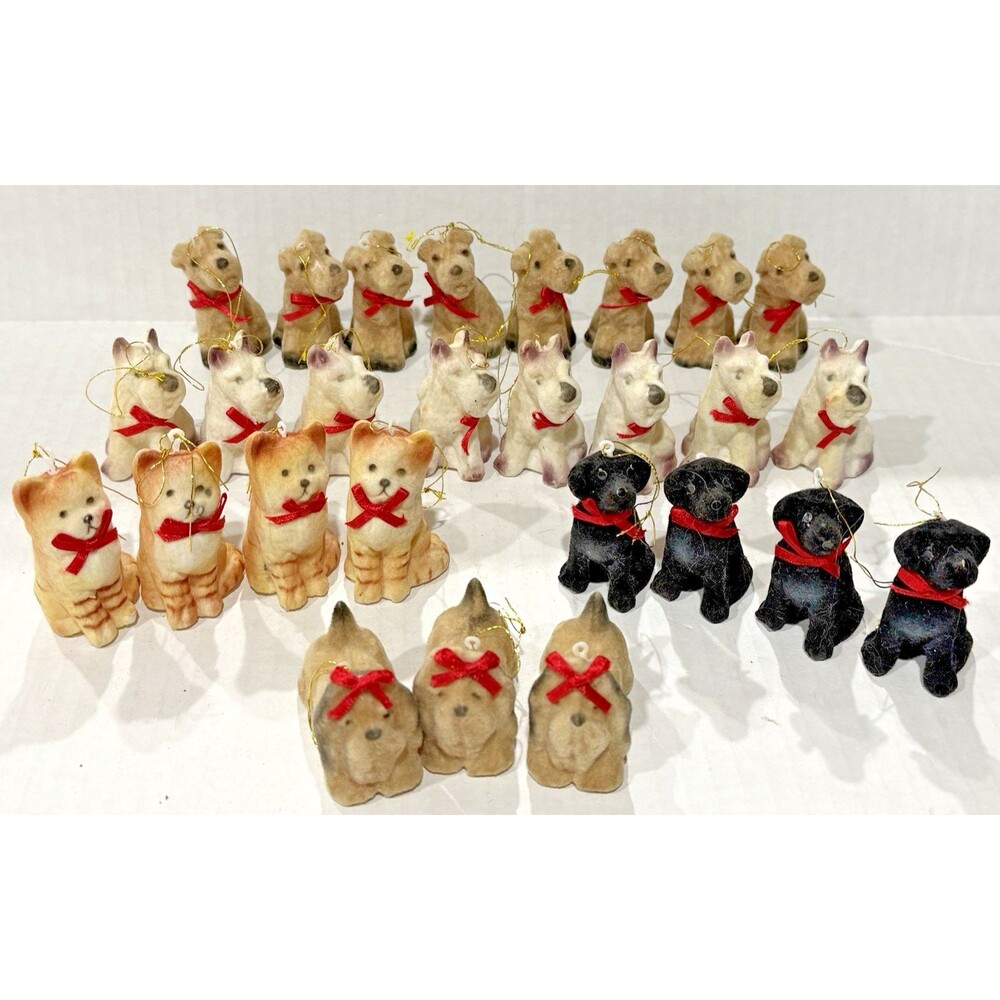 Lot of 27 Vintage Flocked Christmas Ornaments Dog Puppy Cat Kitten Brown Black